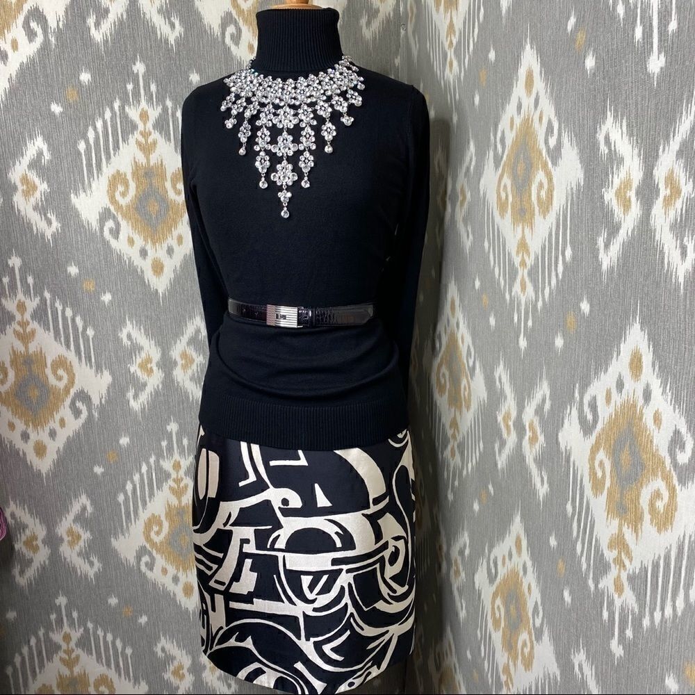 Ralph Lauren Black & Ivory Art Deco Abstract Auto Pattern Silk Pencil Skirt - Picture 5 of 16